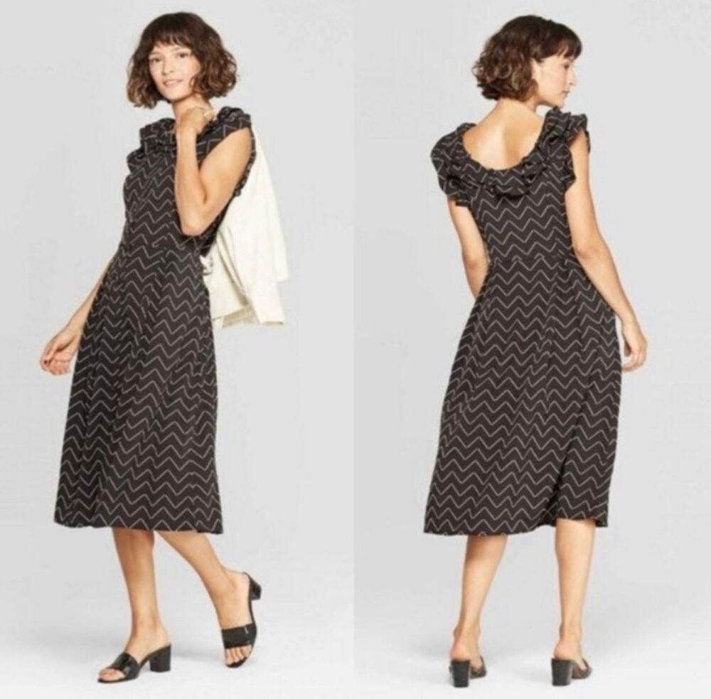 Who What Wear Black Chevron Stripe Dress Midi Button Front XXL Cap sleeve Ruffle